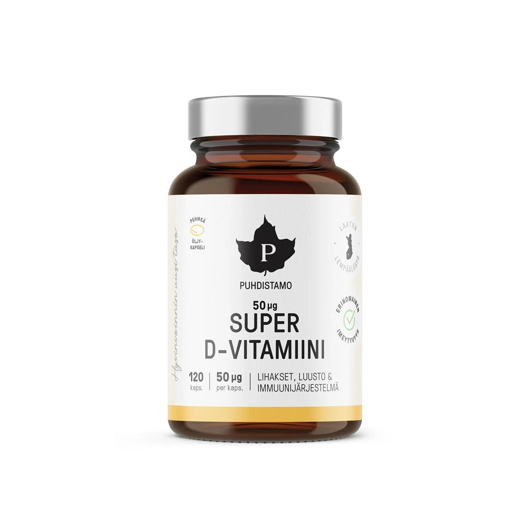 Puhdistamo Super D-vitamiini 50ug 120 kaps tummassa lasipurkissa, jossa on valkoinen etiketti ja hopeanvärinen kansi.