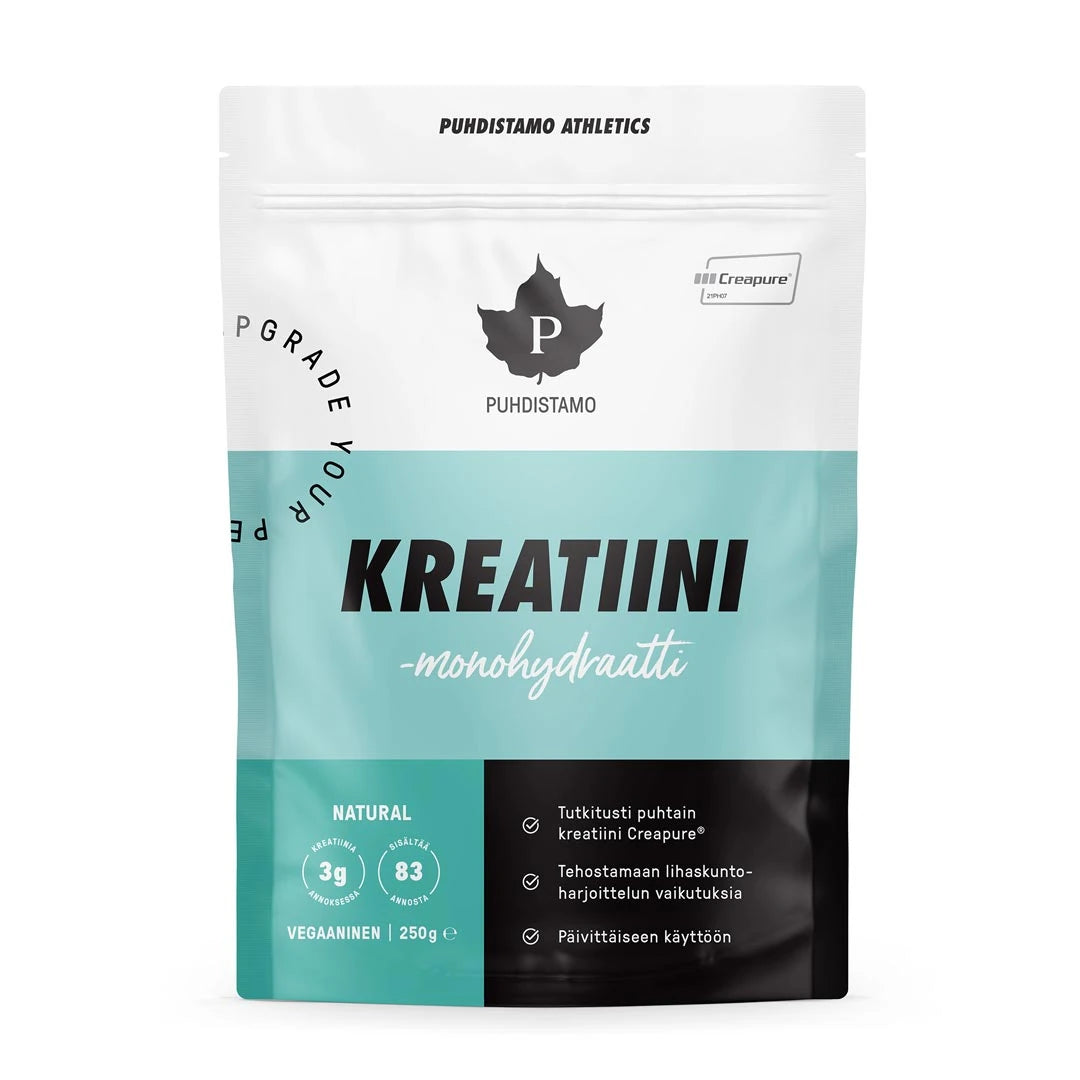 Puhdistamo Kreatiini-monohydraatti 250 g -ravintolisä valkoisessa, vaaleansinisessä ja mustassa pussissa.
