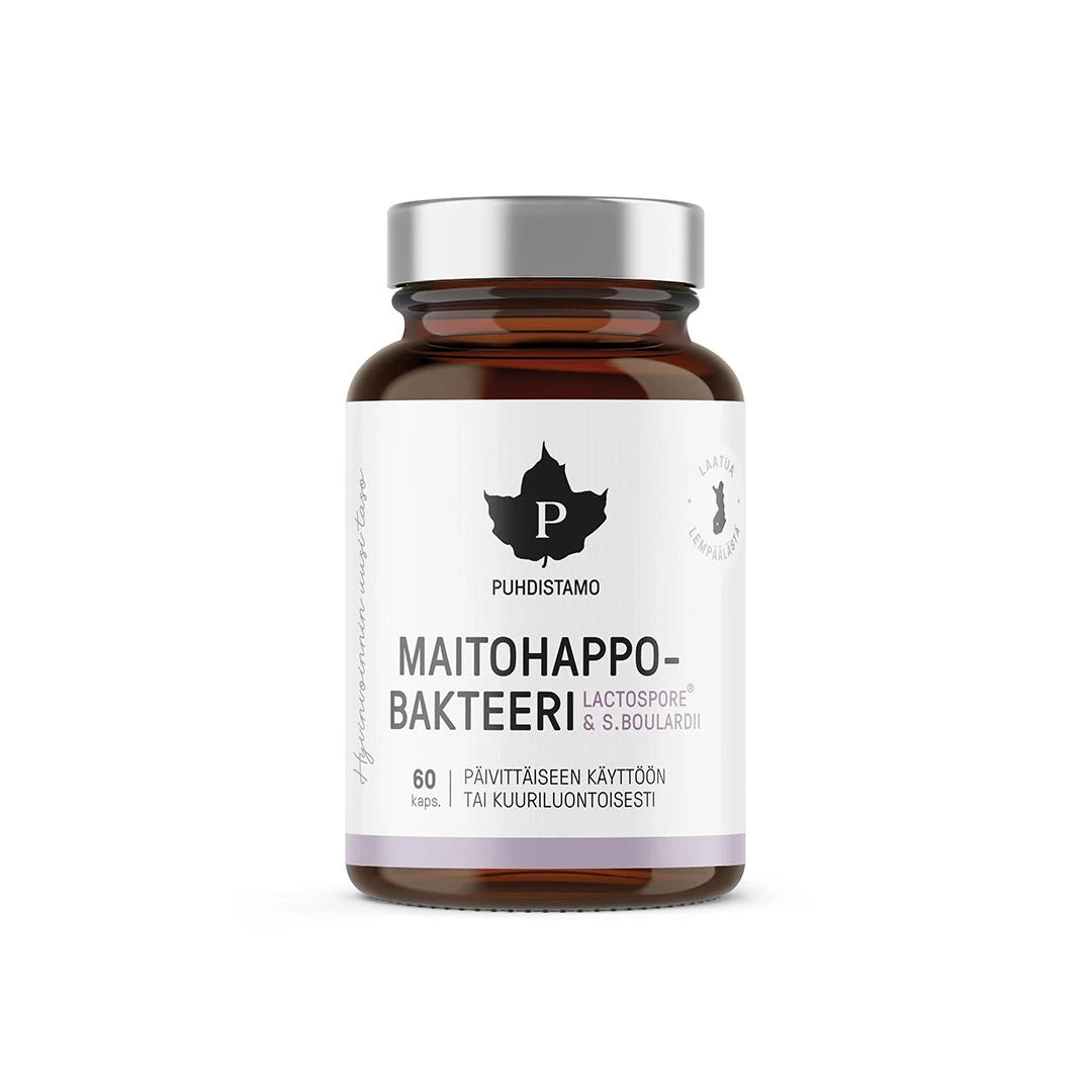 Puhdistamo Maitohappobakteeri - Lactospore & Boulardii 60 kaps tummassa lasipurkissa hopeisella kannella.