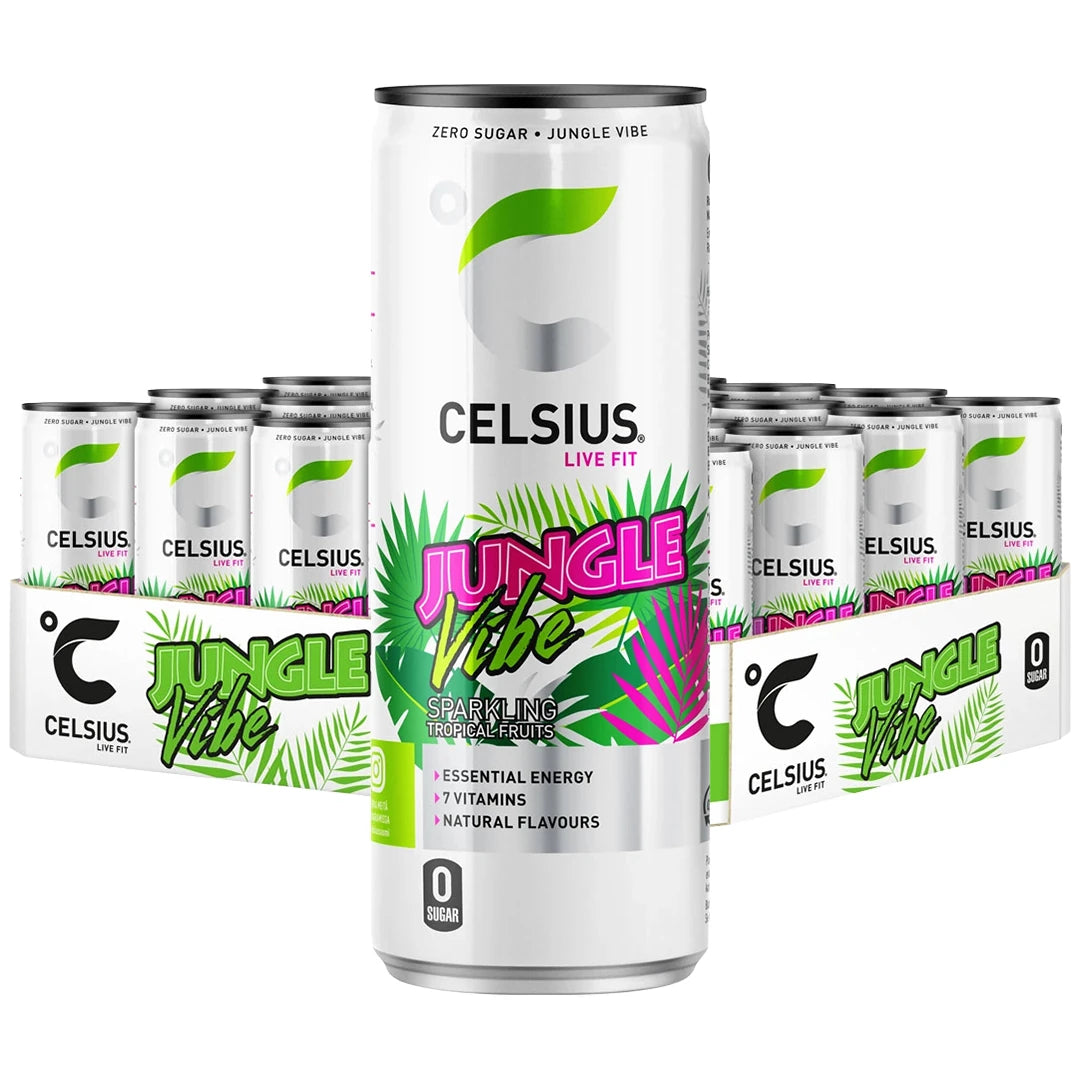 24 x Celsius 355 ml Jungle Vibe lavalla, jossa on valkoisia tölkkejä vihreillä ja pinkeillä trooppisilla kuvioilla.
