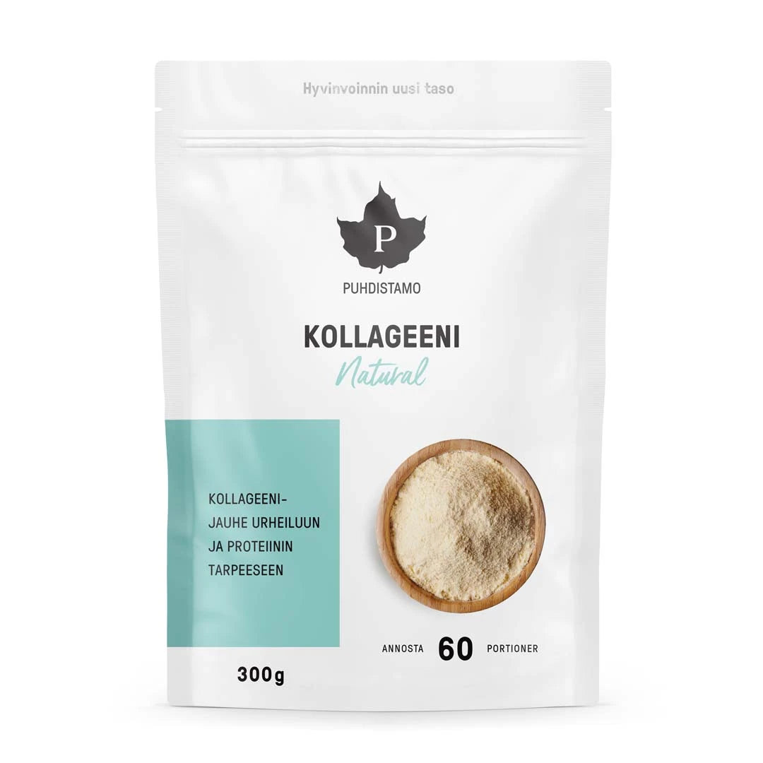 Puhdistamo Kollageeni Natural 300 g -kollageenijauhe tyylikkäässä valkoisessa pussissa turkooseilla yksityiskohdilla.