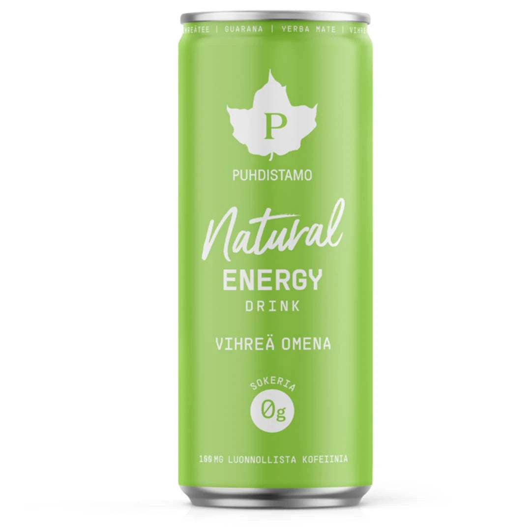 Vaaleanvihreä tölkki Puhdistamo Natural Energy Drink 330 ml -vegaanista energiajuomaa, makuna Vihreä Omena.