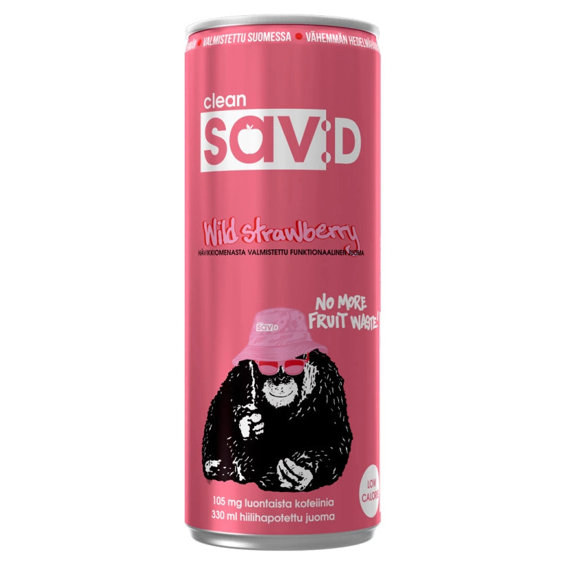 Clean Sav:D 330 ml -energiajuoma vaaleanpunaisessa tölkissä, makuna Wild Strawberry.