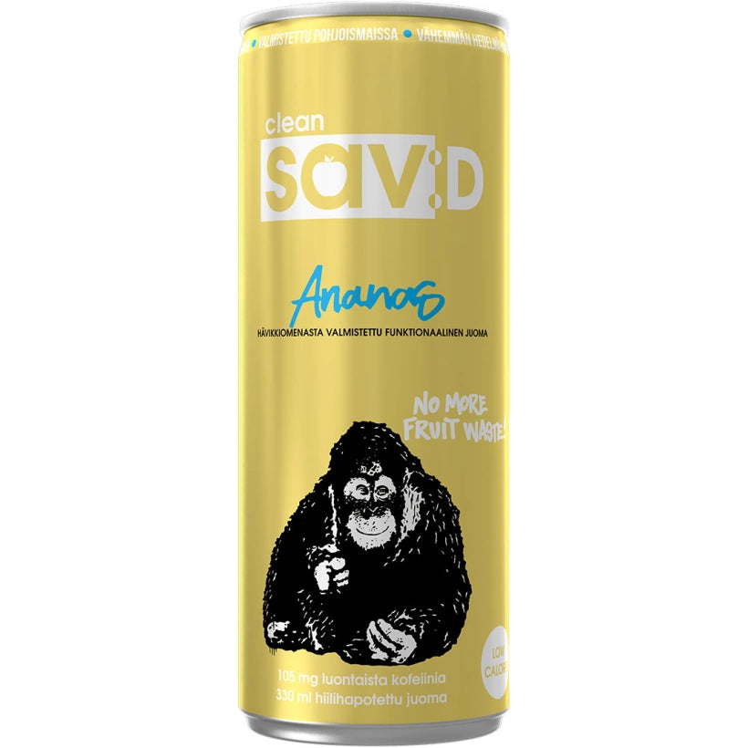 Keltainen tölkki Ananas-makuista Clean Sav:D 330 ml -energiajuomaa.