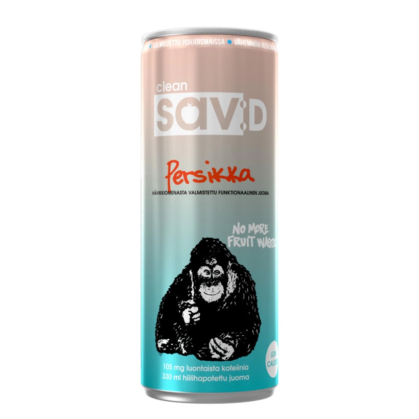 Persikan makuinen Clean Sav:D 330 ml -energiajuomatölkki, jossa on liukuvärjäys ja apinagrafiikka.