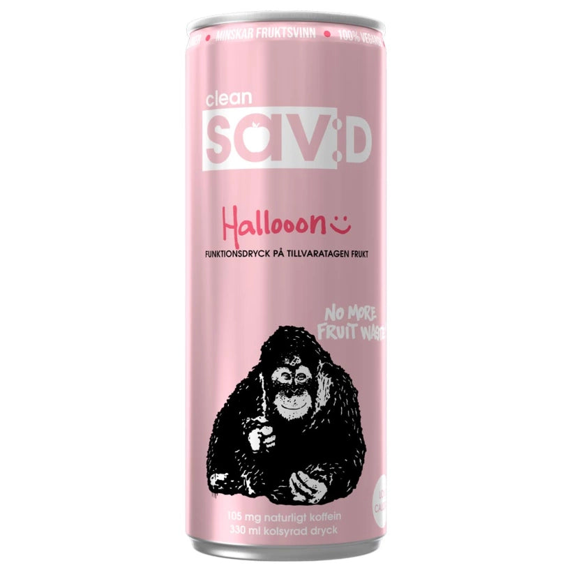 Vaaleanpunainen tölkki vadelmanmakuista Clean Sav:D 330 ml -energiajuomaa apinakuvituksella.