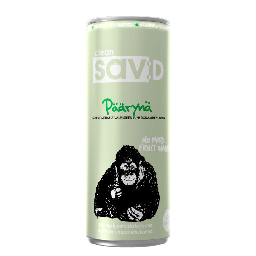 Vaaleanvihreä tölkki Päärynä-makuista Clean Sav:D 330 ml -energiajuomaa.