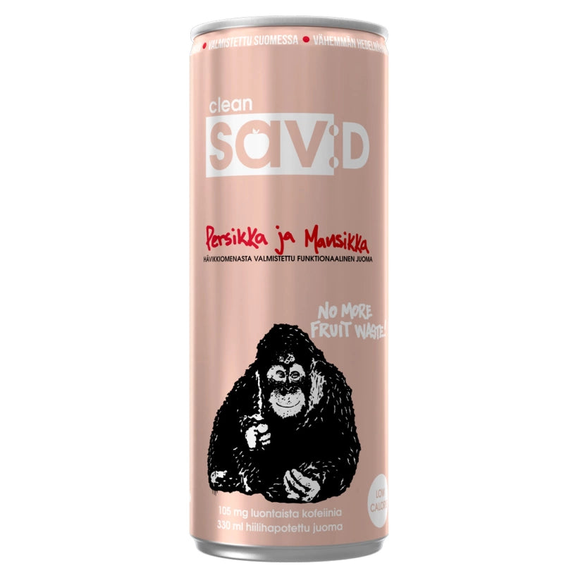 Vaaleanpunainen tölkki Clean Sav:D 330 ml -energiajuomaa, makuna persikka ja mansikka.