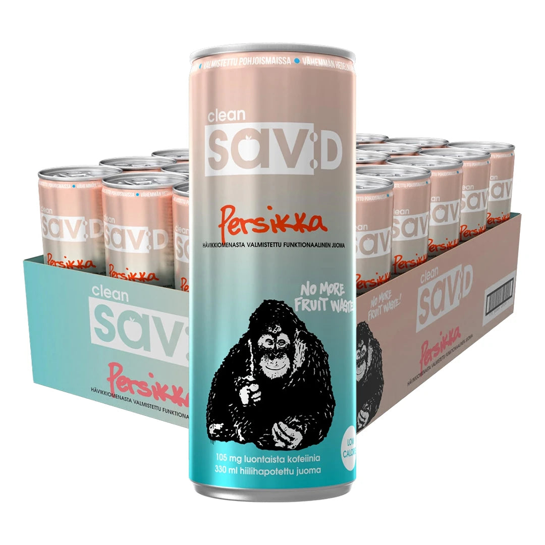 24 x Clean sav:D 330 ml Persikka -lava, jossa on turkoosi-persikanvärisiä tölkkejä ja musta gorillakuvio.