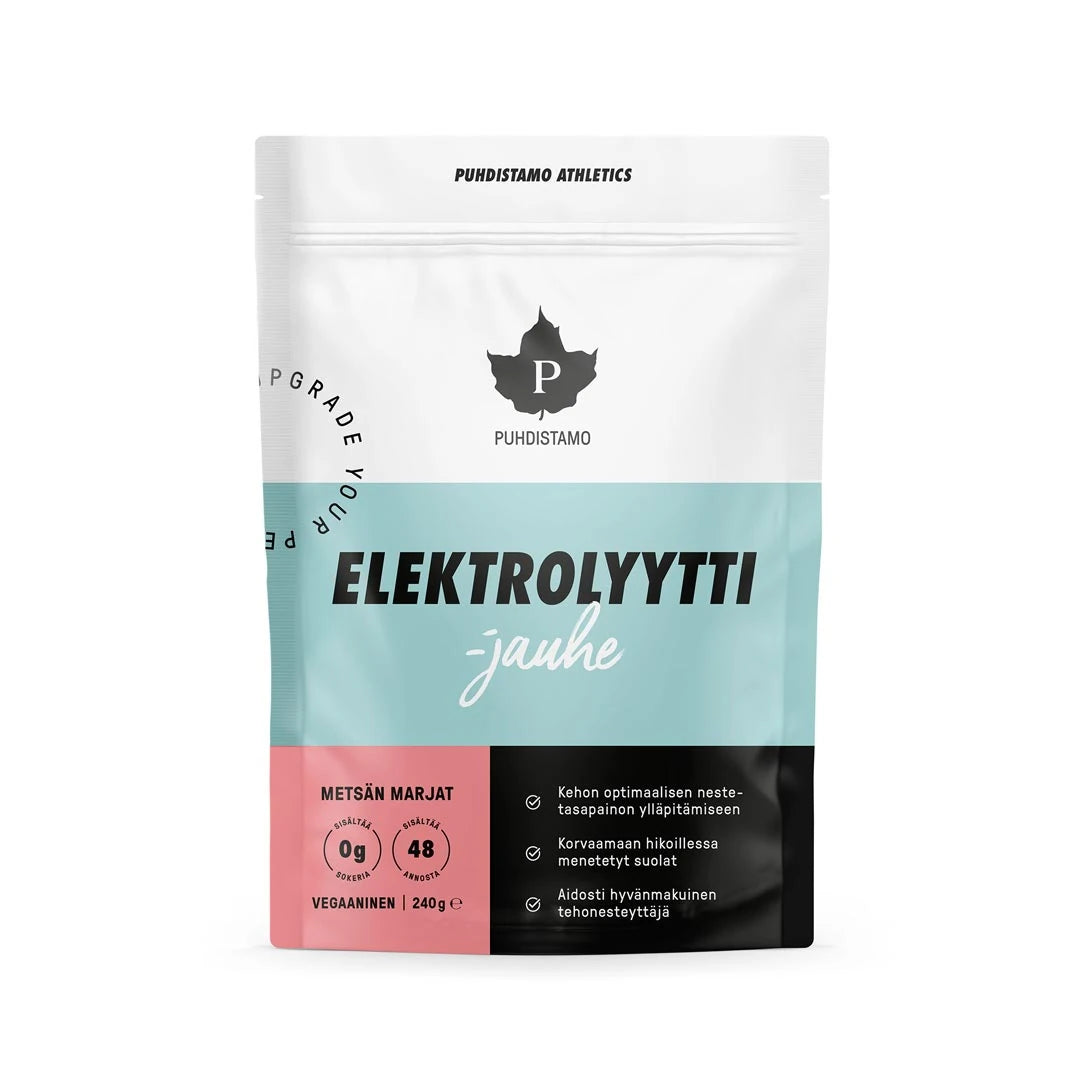 Puhdistamo Elektrolyyttijauhe 240 g valkoisessa, vaaleansinisessä ja vaaleanpunaisessa pussissa, makuna Metsän Marjat., kuva 2/3