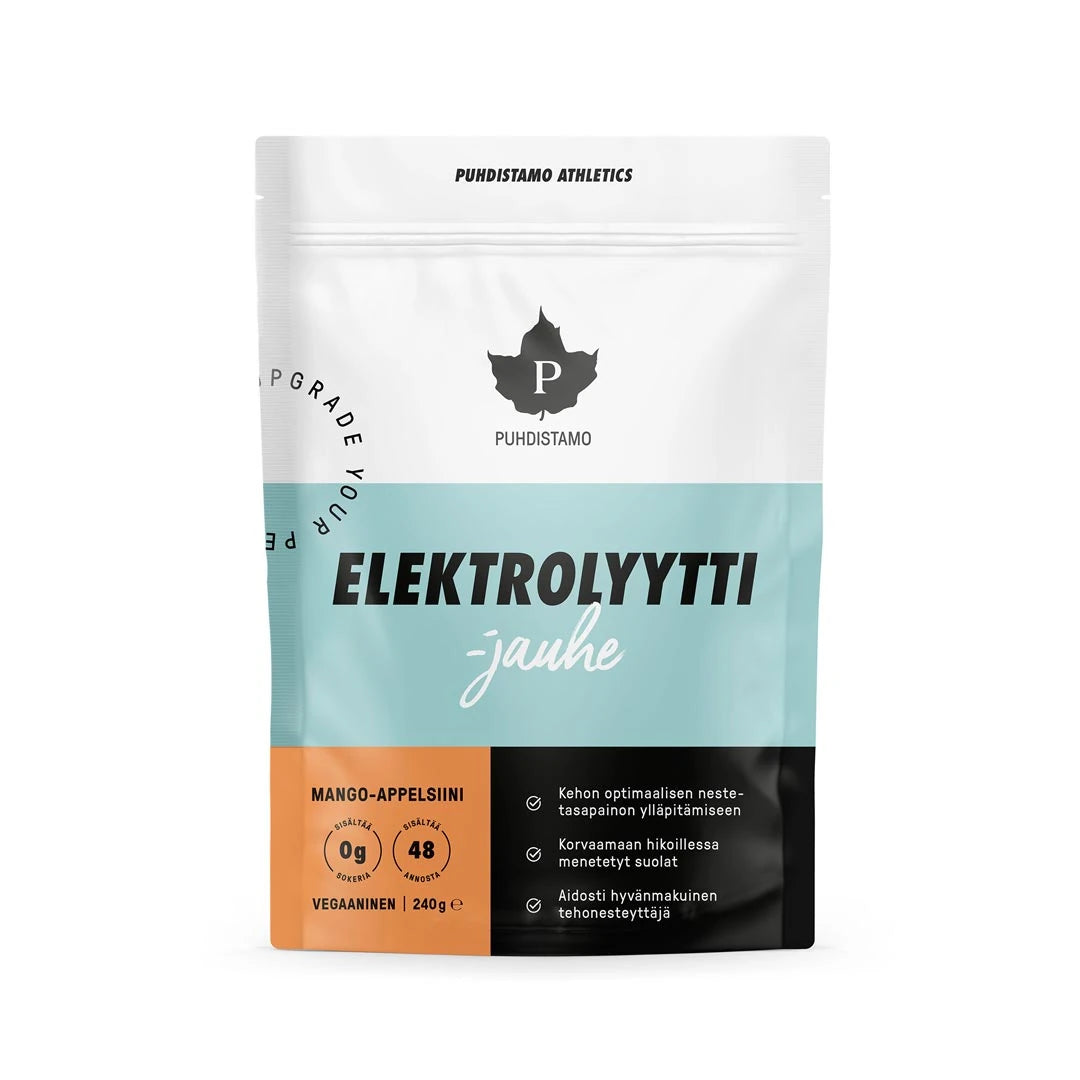 Puhdistamo Elektrolyyttijauhe 240 g valkoisessa, vaaleansinisessä ja oranssissa pussissa, makuna Mango Appelsiini., kuva 3/3