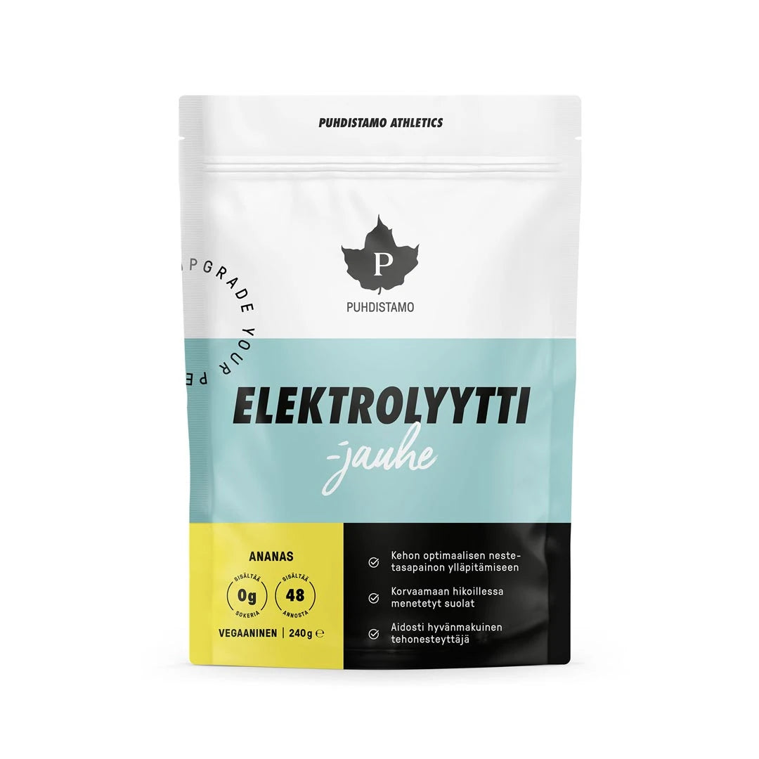 Puhdistamo Elektrolyyttijauhe 240 g valkoisessa pussissa vaaleansinisillä ja keltaisilla yksityiskohdilla, makuna Ananas.