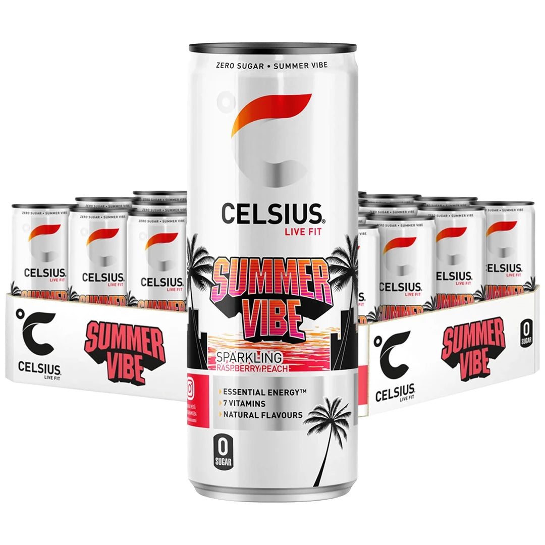 24 x Celsius 355 ml Summer Vibe valkoisessa laatikossa, jossa on valkoisia tölkkejä ja trooppisia yksityiskohtia.