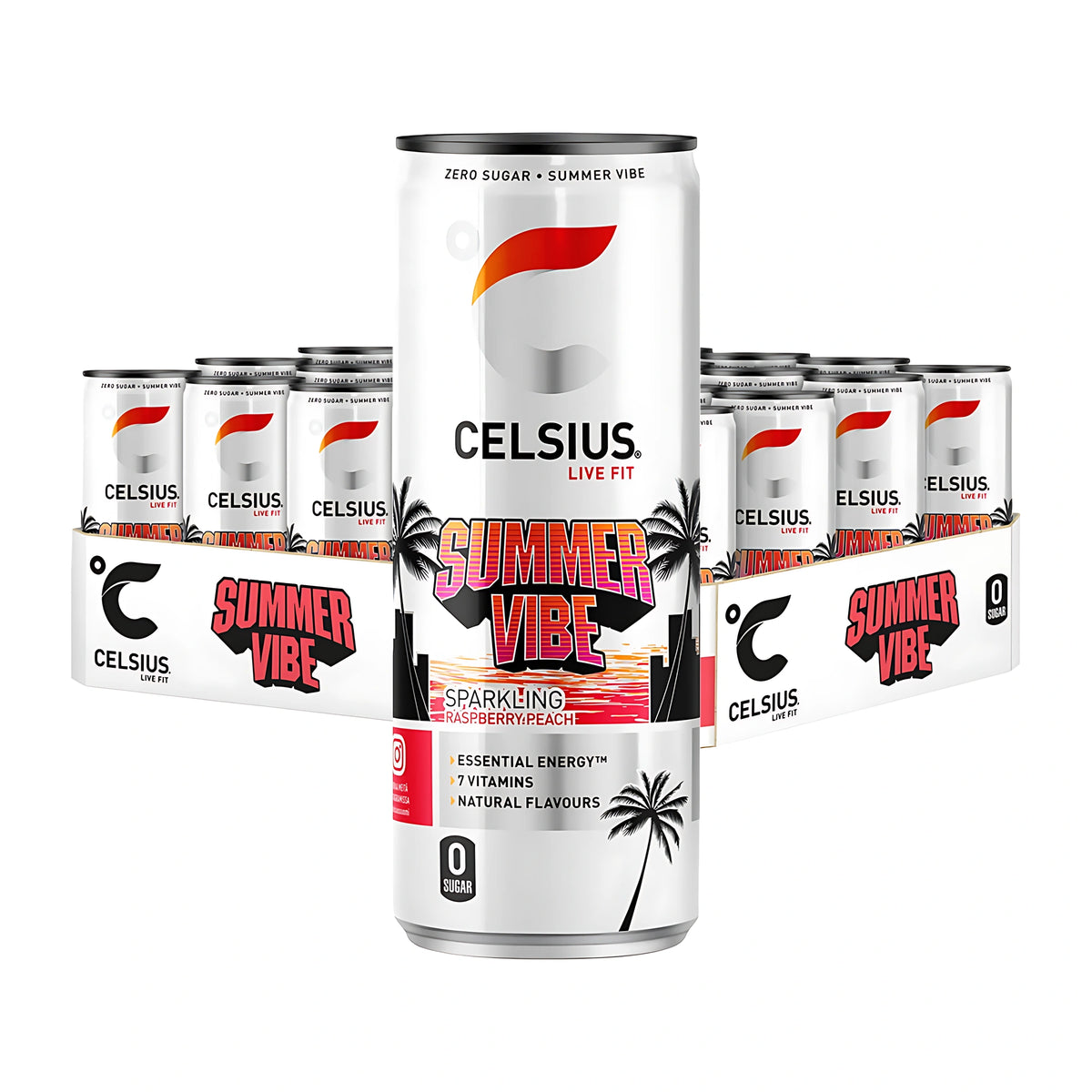 24 x Celsius 355 ml Summer Vibe energidryck i ett flak med vita burkar och palmmotiv för smaken Raspberry Peach.