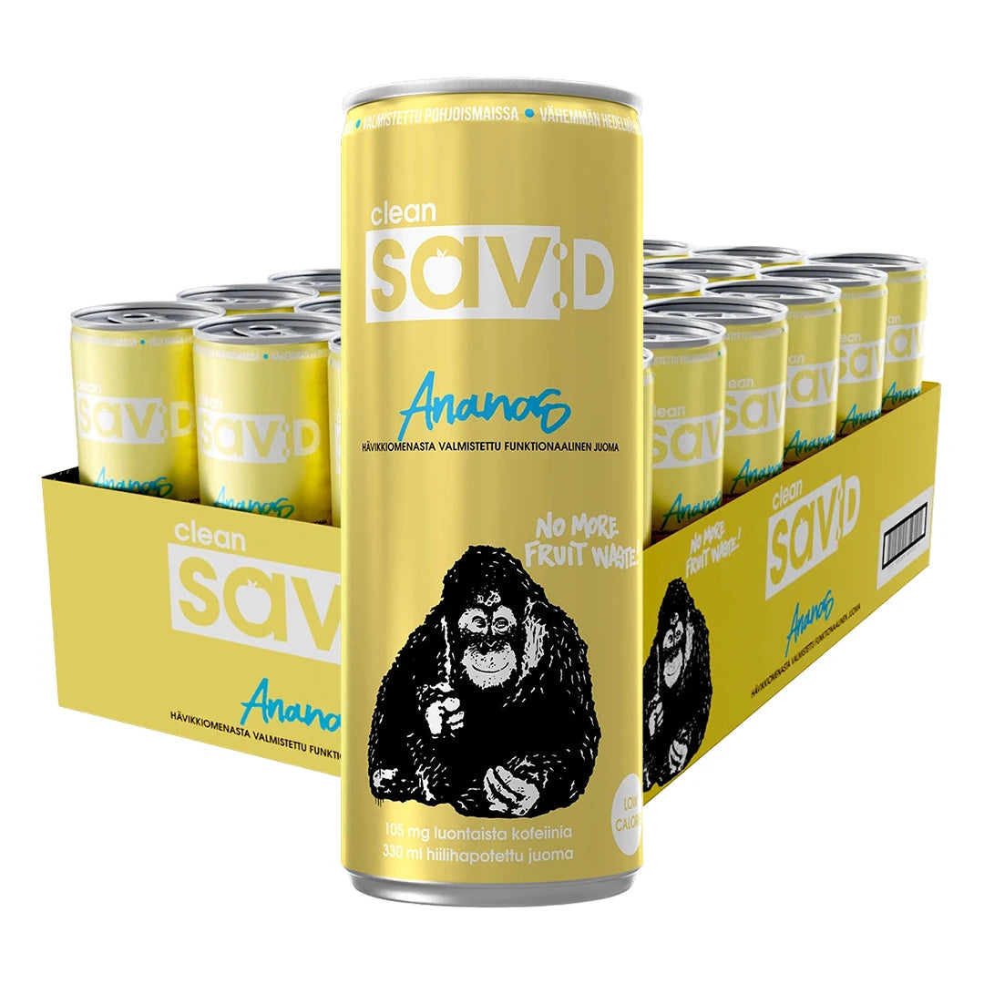 24 x Clean sav:D 330 ml Ananas keltaisessa laatikossa keltaisilla tölkeillä, joissa on musta gorillakuvio.