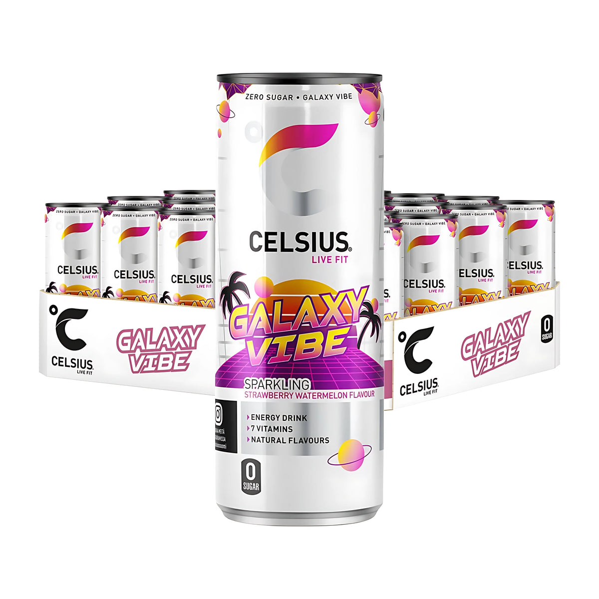 24 x Celsius 355 ml Galaxy Vibe SUPER DEAL med en vit burk i förgrunden och ett helt 24-pack i bakgrunden på vit bakgrund.