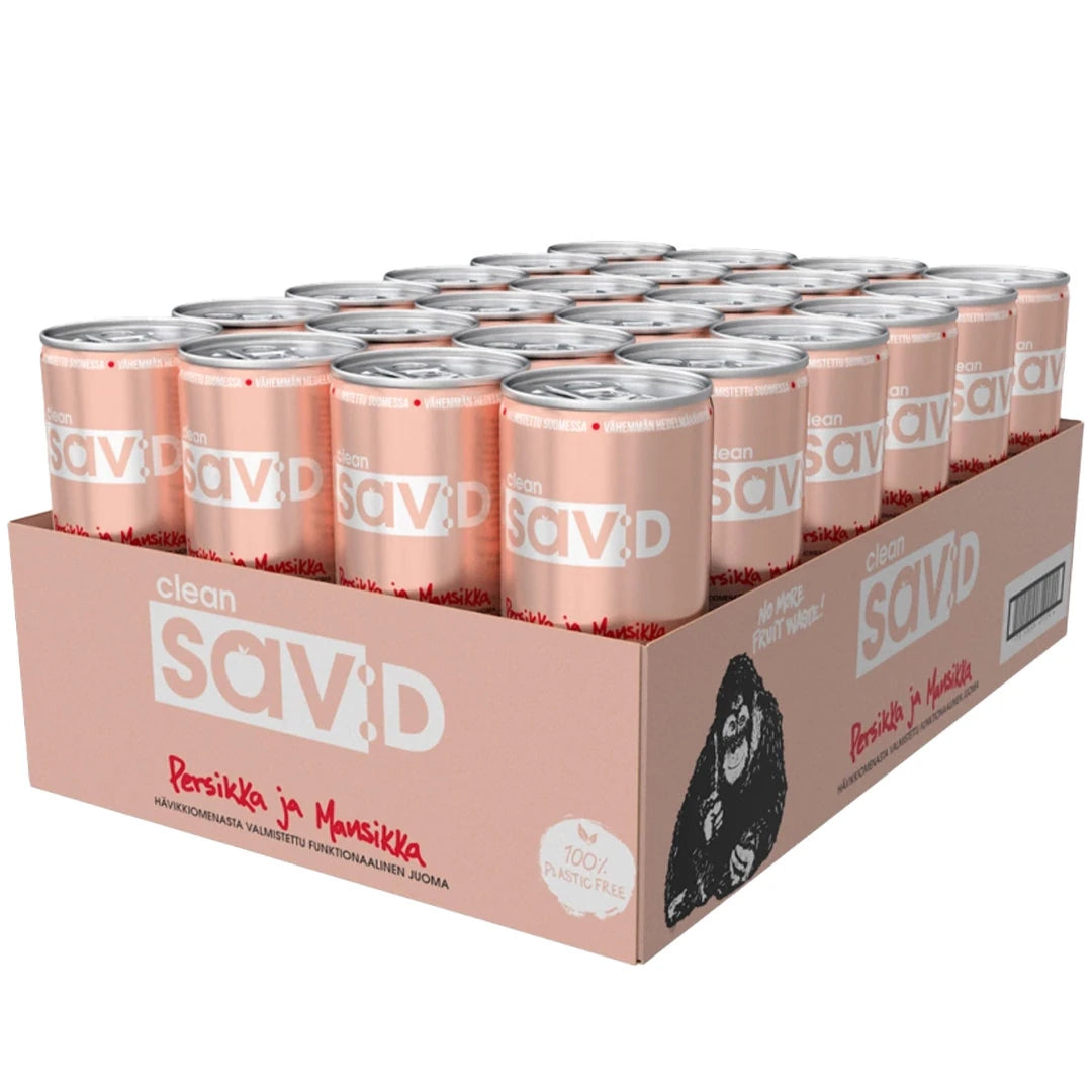24 x Clean sav:D 330 ml Mansikka Persikka SUPER DEAL vaaleanpunaisessa laatikossa yhteensopivilla energiajuomatölkeillä.