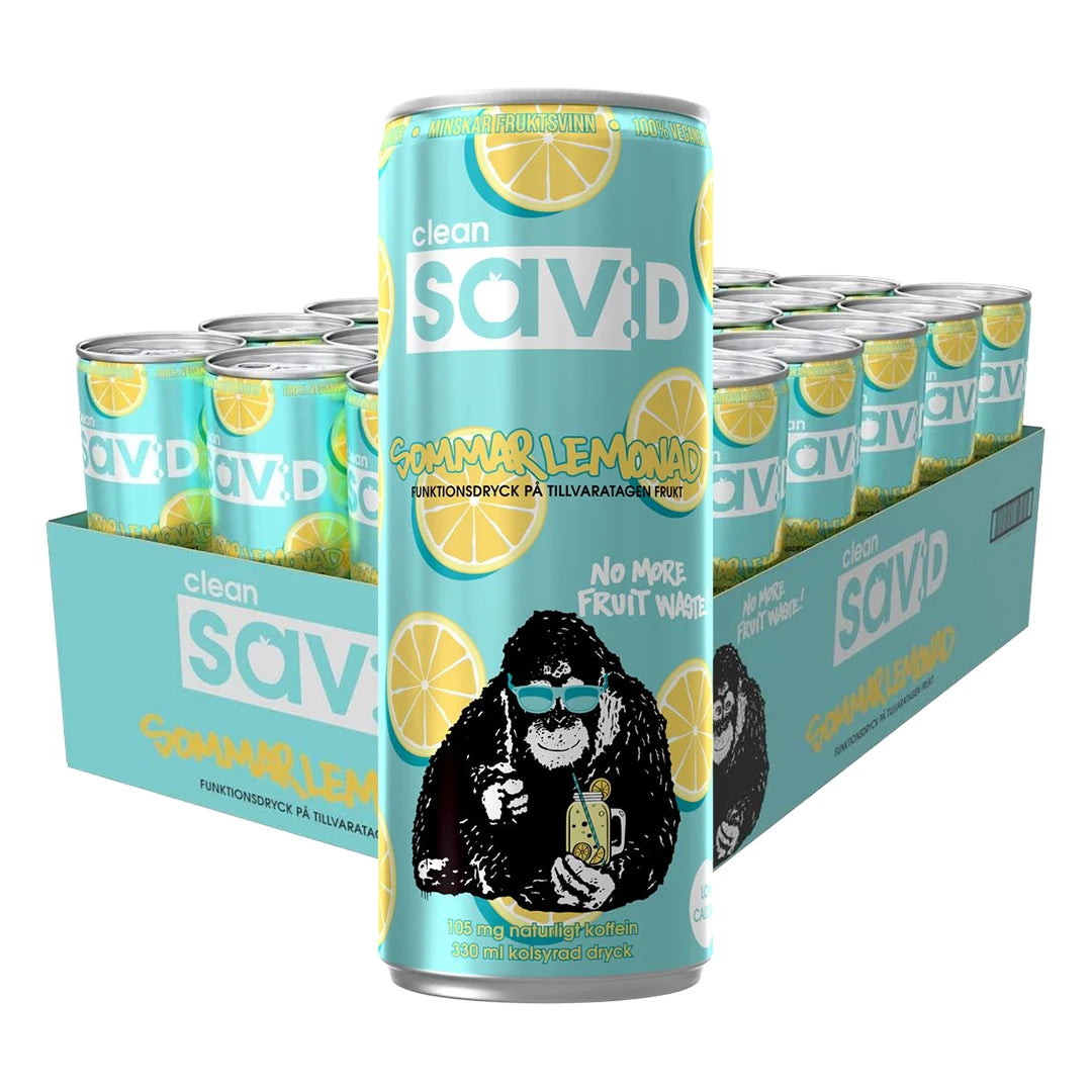 24 x Clean sav:D 330 ml Summer Lemonade SUPER DEAL vaaleansinisessä laatikossa sitruuna- ja apinakuvioisilla tölkeillä.