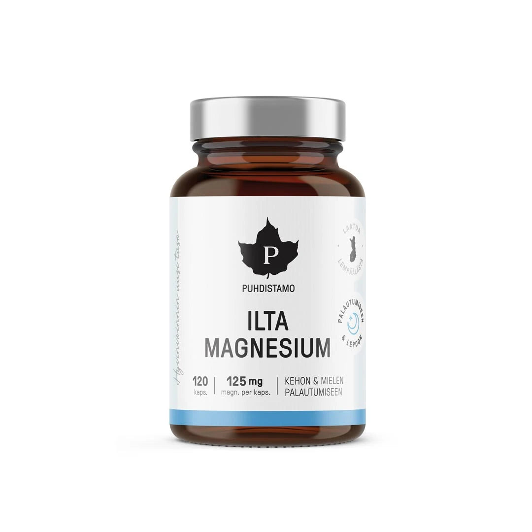 Puhdistamo Iltamagnesium 125 mg 120 kaps -ravintolisä tummanruskeassa purkissa, valkoinen etiketti, hopeinen kansi.