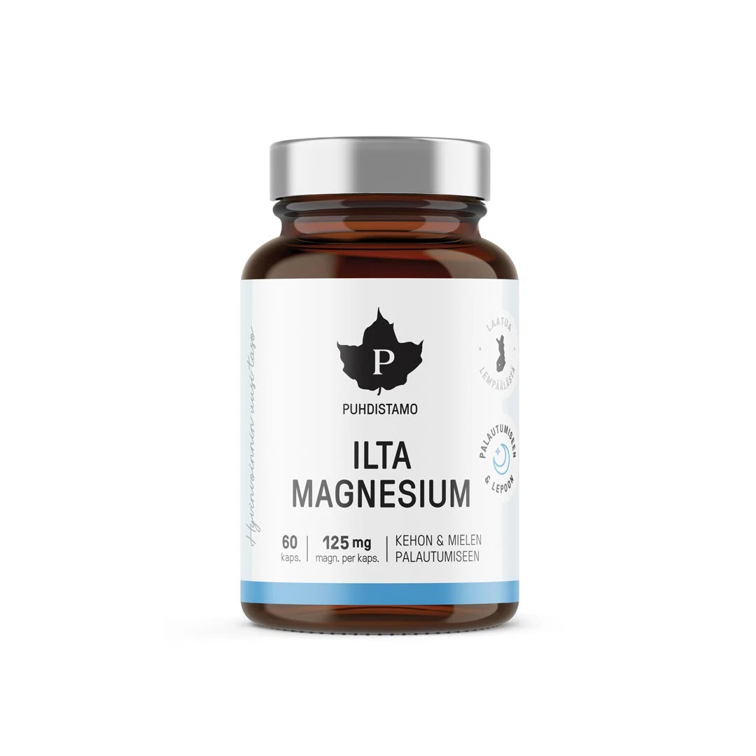 Puhdistamo Iltamagnesium 125 mg 60 kapselia -ravintolisä ruskeassa lasipurkissa hopeisella kannella.