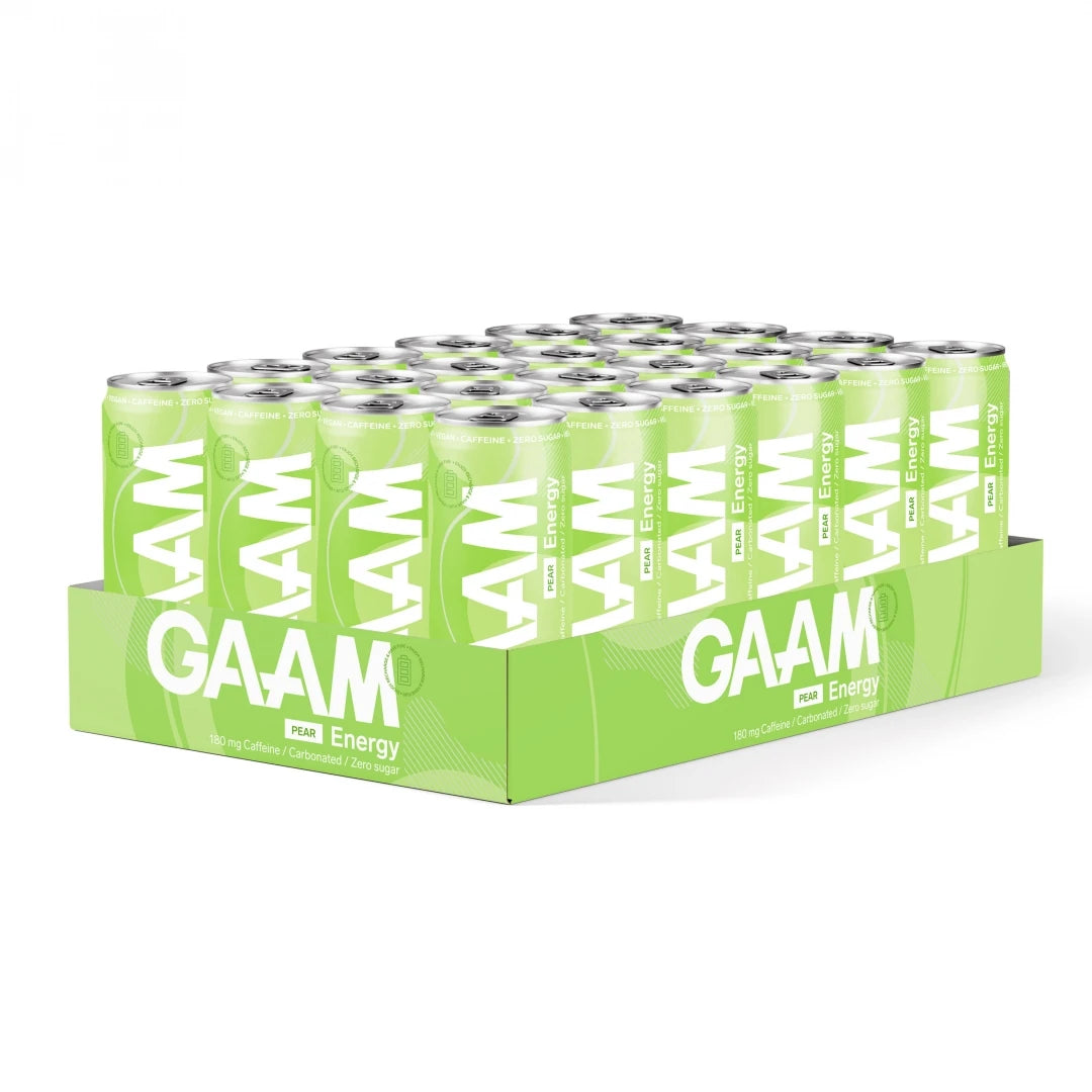 24 x GAAM Energy 330 ml Pear vaaleanvihreässä lavassa yhteensopivilla päärynänmakuisilla tölkeillä., kuva 1/1