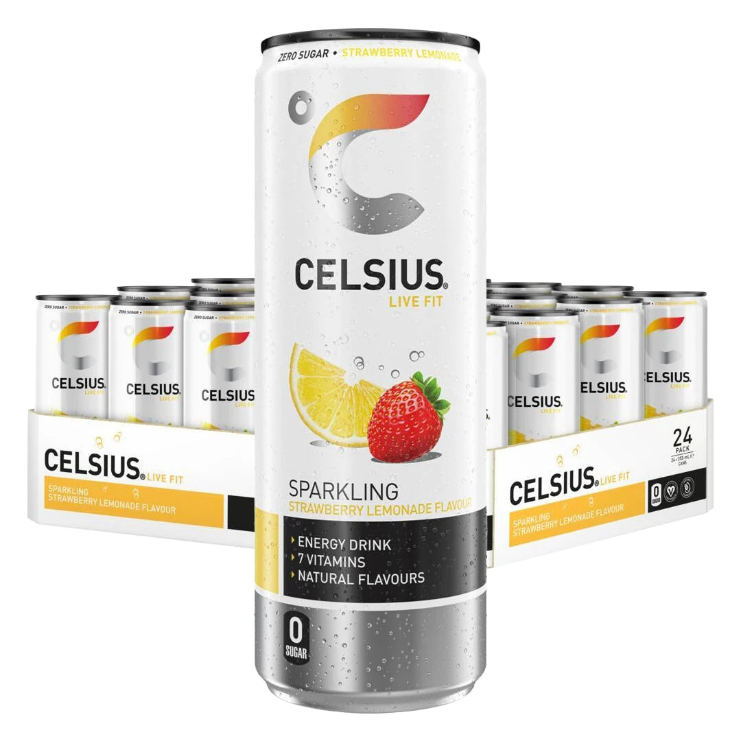 24 x Celsius 355 ml Strawberry Lemonade valkoisessa laatikossa, jossa on yhteensopivia tölkkejä hopeisilla ja mustilla yksityiskohdilla.