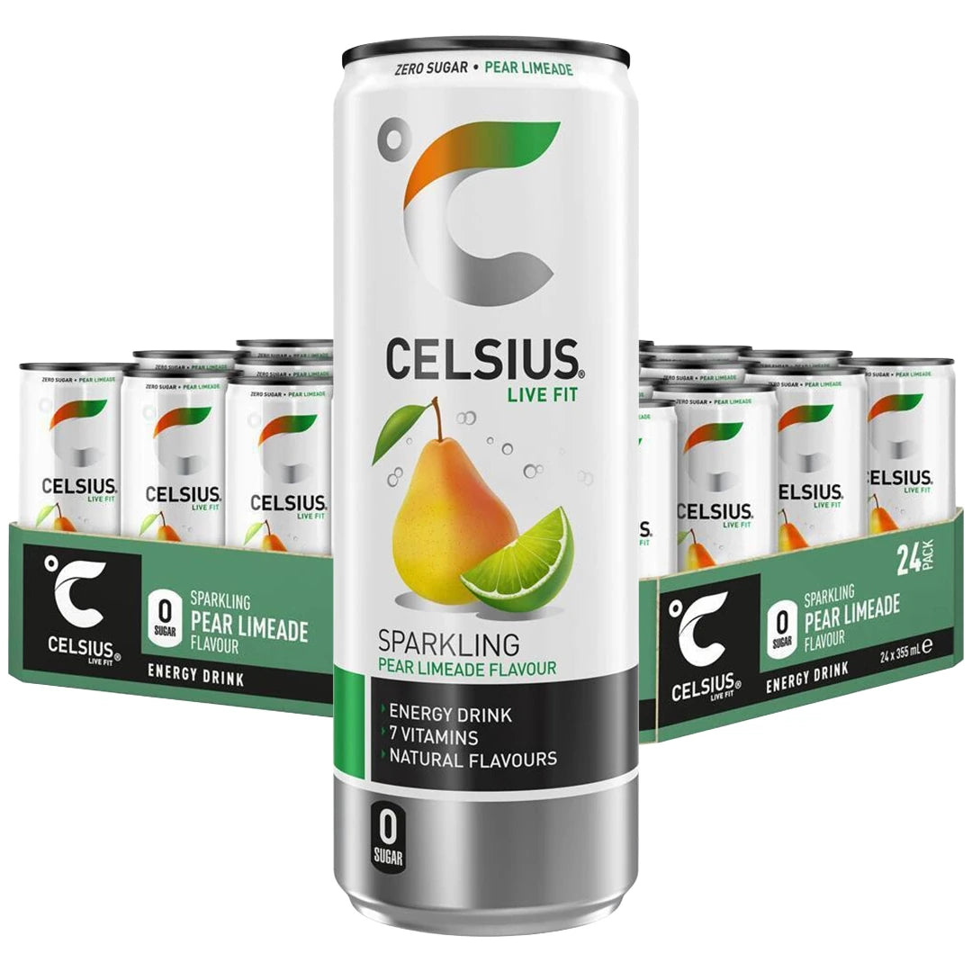 24 x Celsius 355 ml Pear Limeade vihreässä laatikossa, jossa on valkoisia energiajuomatölkkejä C-logolla ja päärynällä.