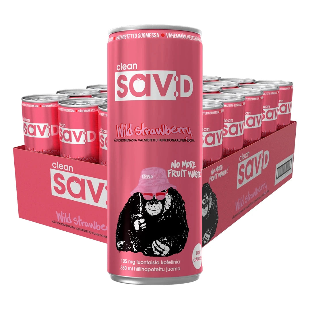 24 x Clean sav:D 330 ml Villimansikka -energiajuomat vaaleanpunaisessa laatikossa, tölkeissä gorillakuvitus.