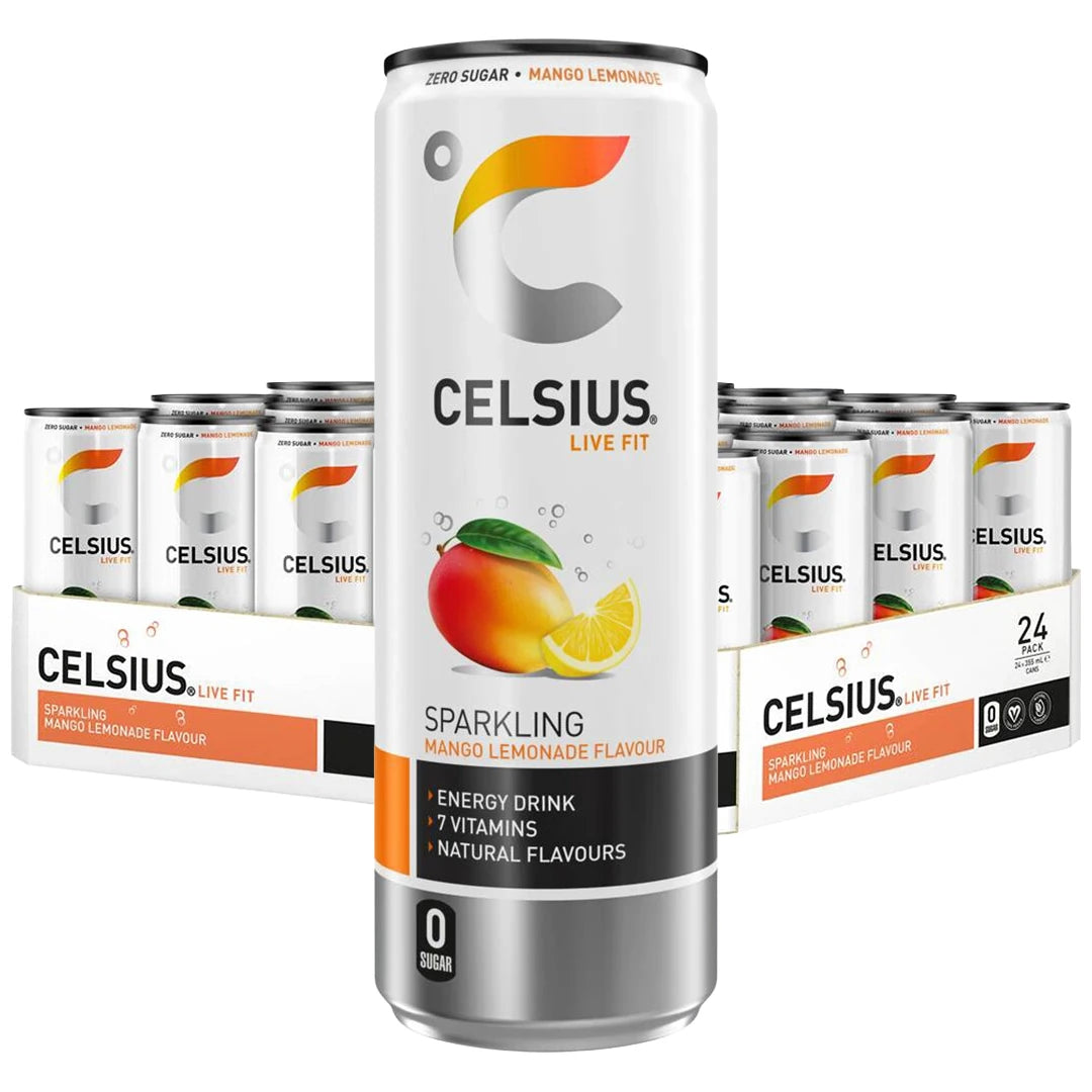 24 x Celsius 355 ml Mango Lemonade valkoisessa laatikossa valkoisia tölkkejä hopeisilla ja oransseilla yksityiskohdilla.