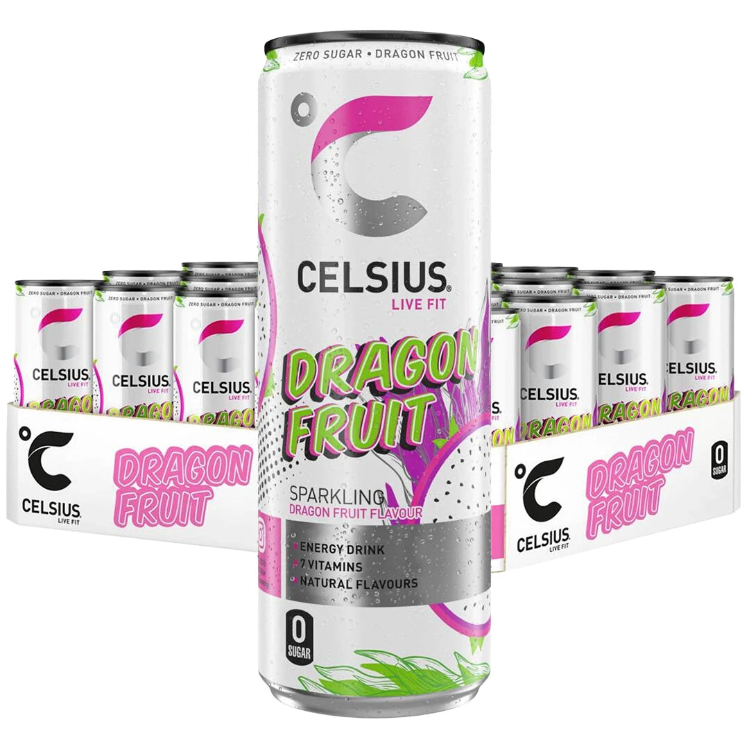24 x Celsius 355 ml Dragonfruit laatikossa, jossa on valkoisia tölkkejä vaaleanpunaisilla yksityiskohdilla.