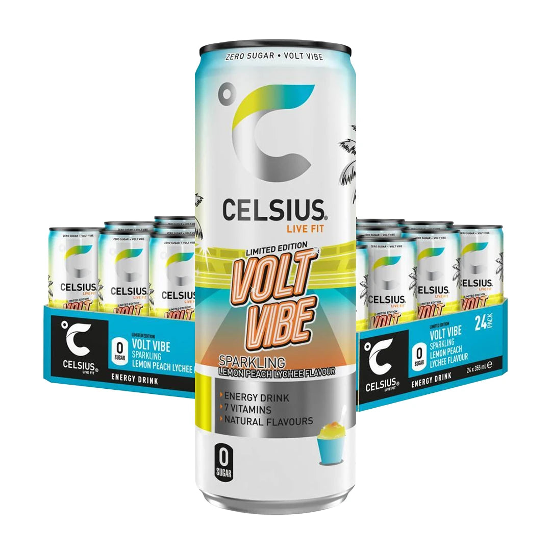 24 x Celsius 355 ml Volt Vibe laatikossa, valkoisia tölkkejä värikkäillä yksityiskohdilla, makuna Lemon Peach Lychee.
