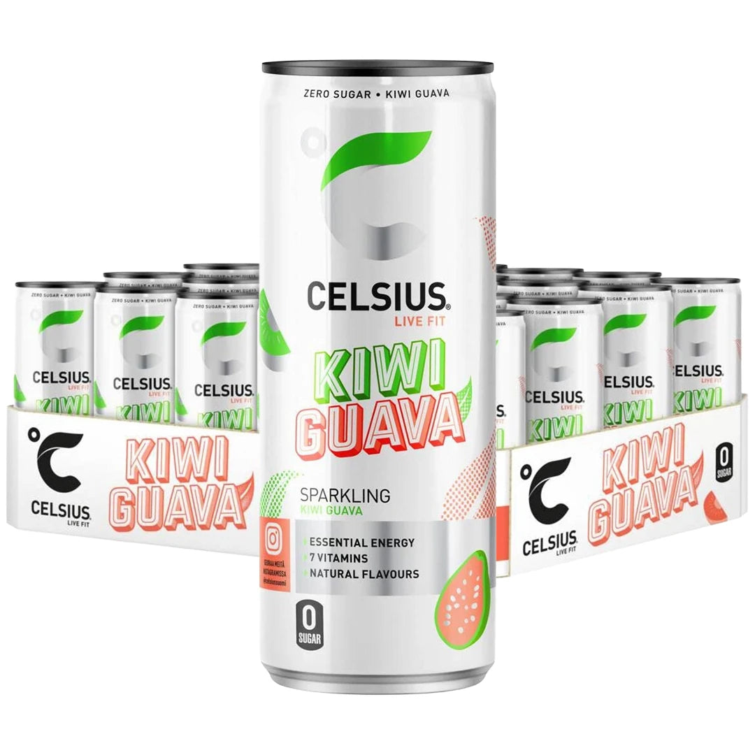 24 x Celsius 355 ml Kiwi Guava SUPER DEAL -laatikollinen valkoisia tölkkejä vihreillä ja pinkeillä yksityiskohdilla.