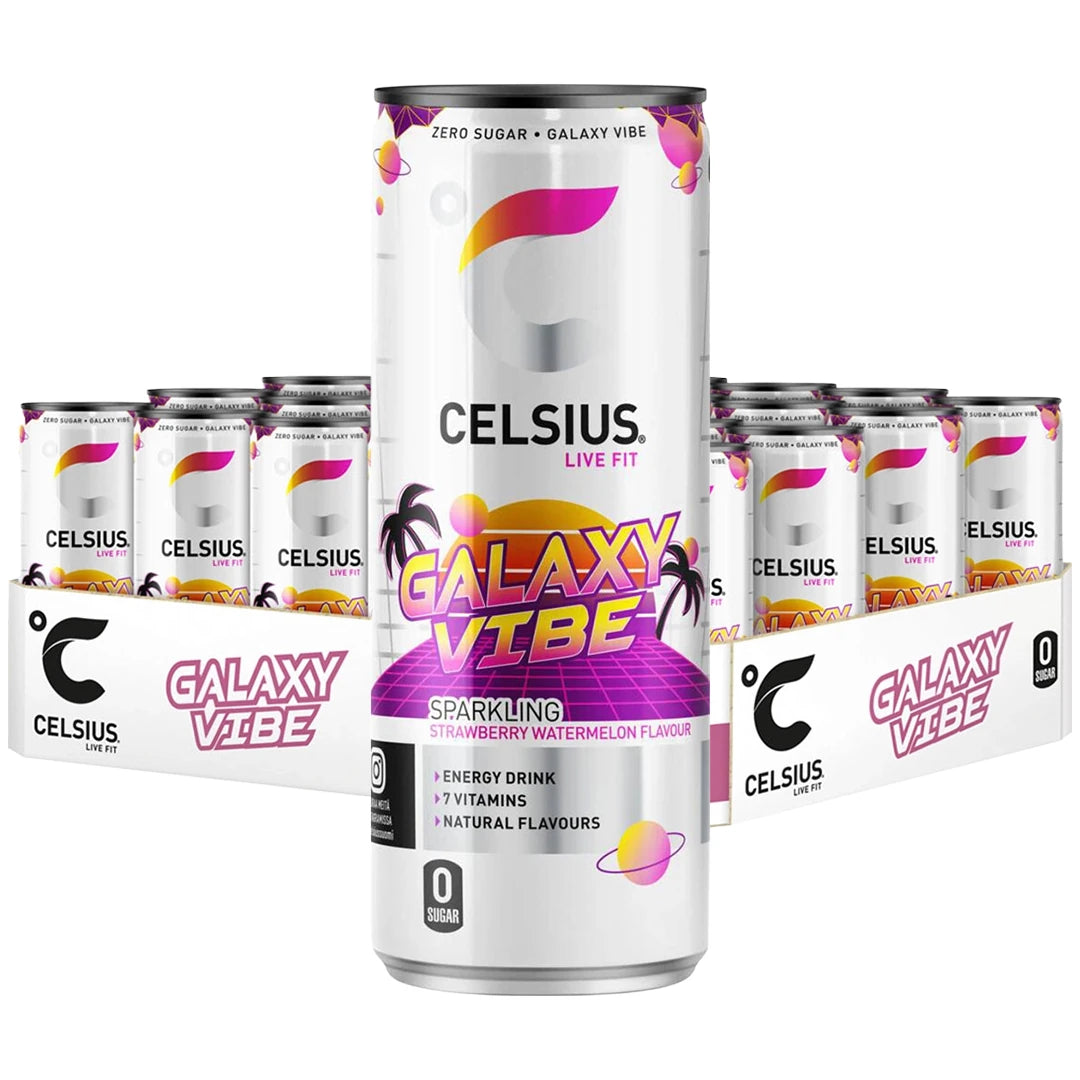 24 x Celsius 355 ml Galaxy Vibe SUPER DEAL valkoisessa laatikossa valkoisia tölkkejä värikkäillä retroyksityiskohdilla.