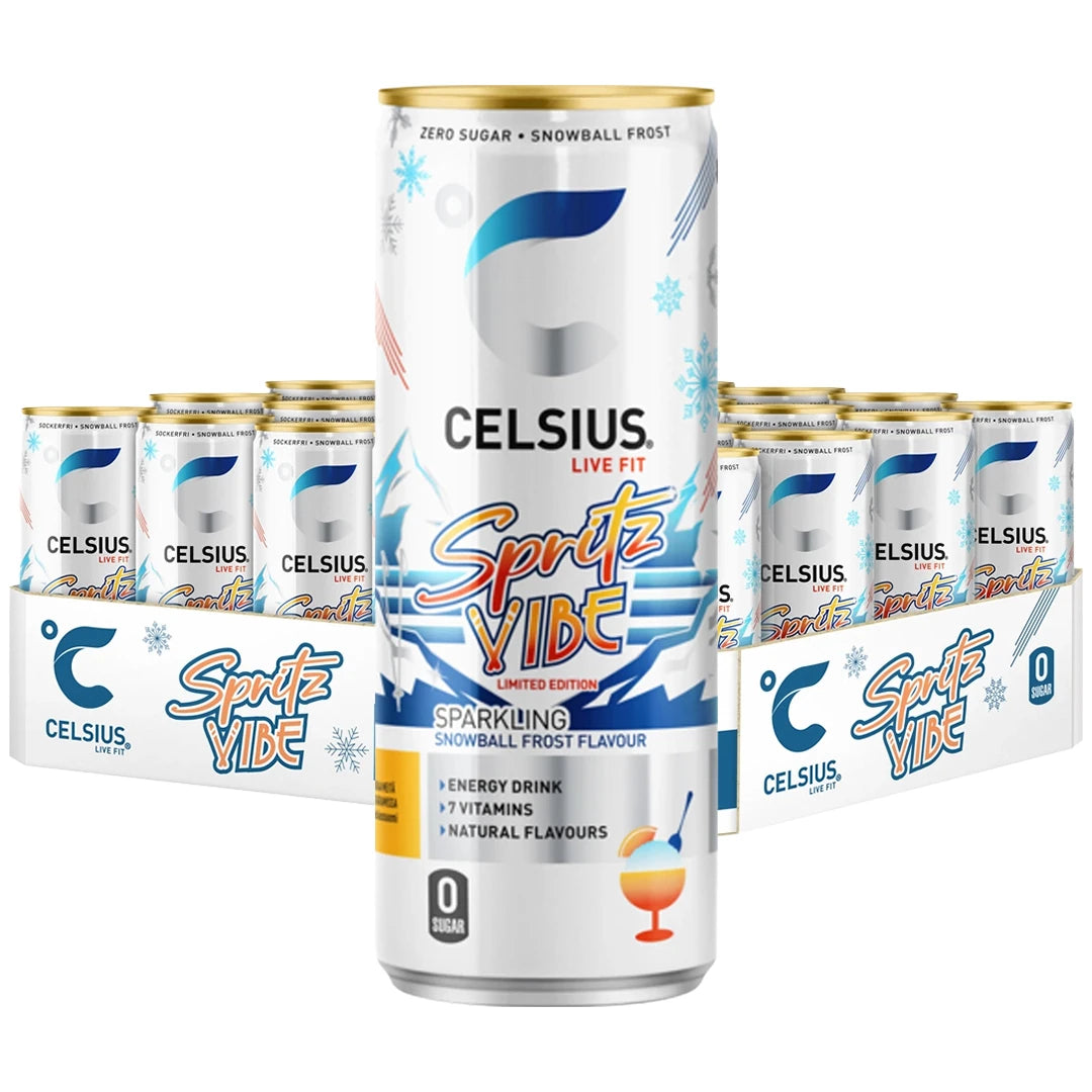 24 x Celsius 355 ml Spritz Vibe SUPER DEAL valkoisessa laatikossa täynnä valkoisia tölkkejä sinisillä yksityiskohdilla.