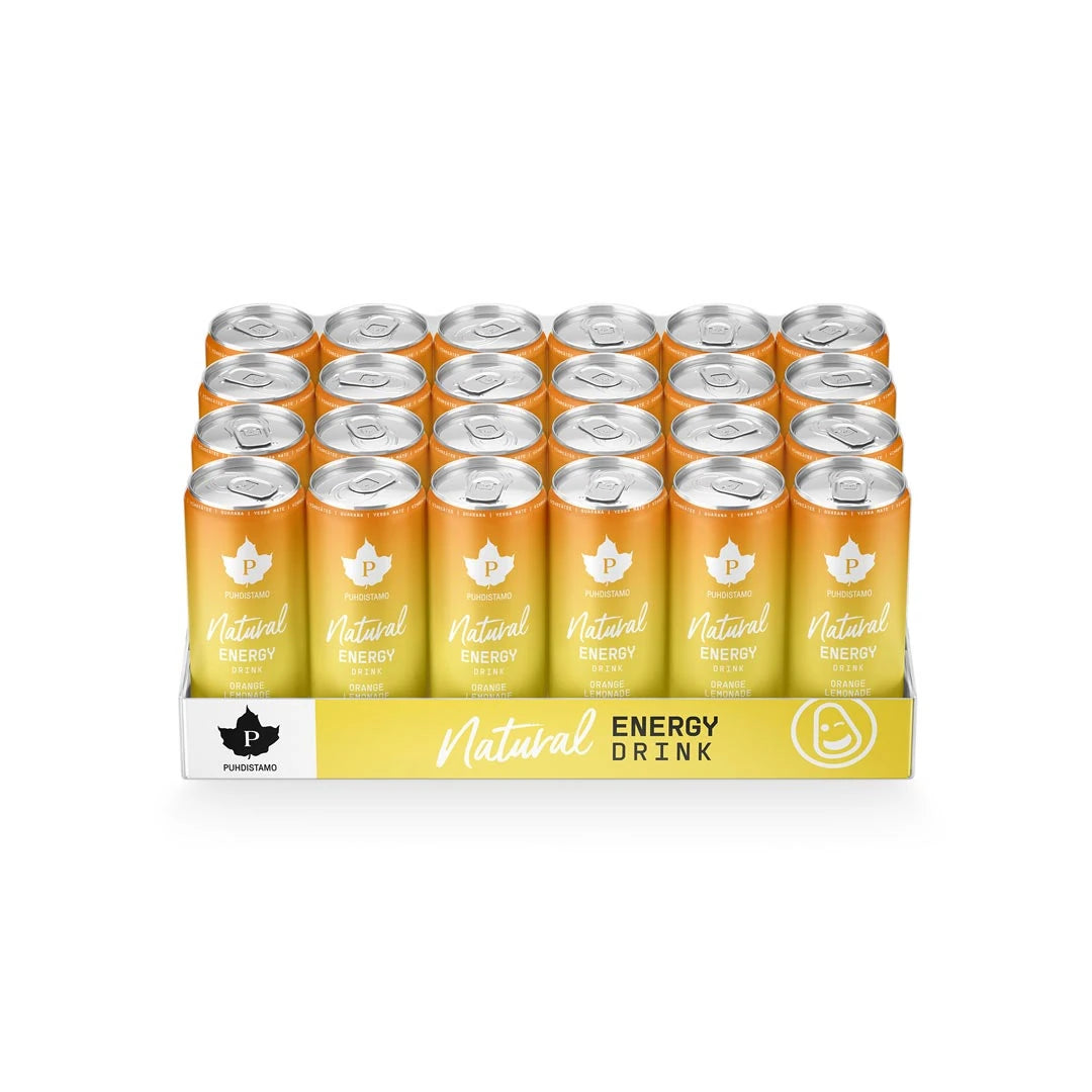 24 x Puhdistamo Natural Energy Drink 330 ml Orange Lemonade lavalla, jossa on oransseja ja keltaisia tölkkejä., kuva 1/1