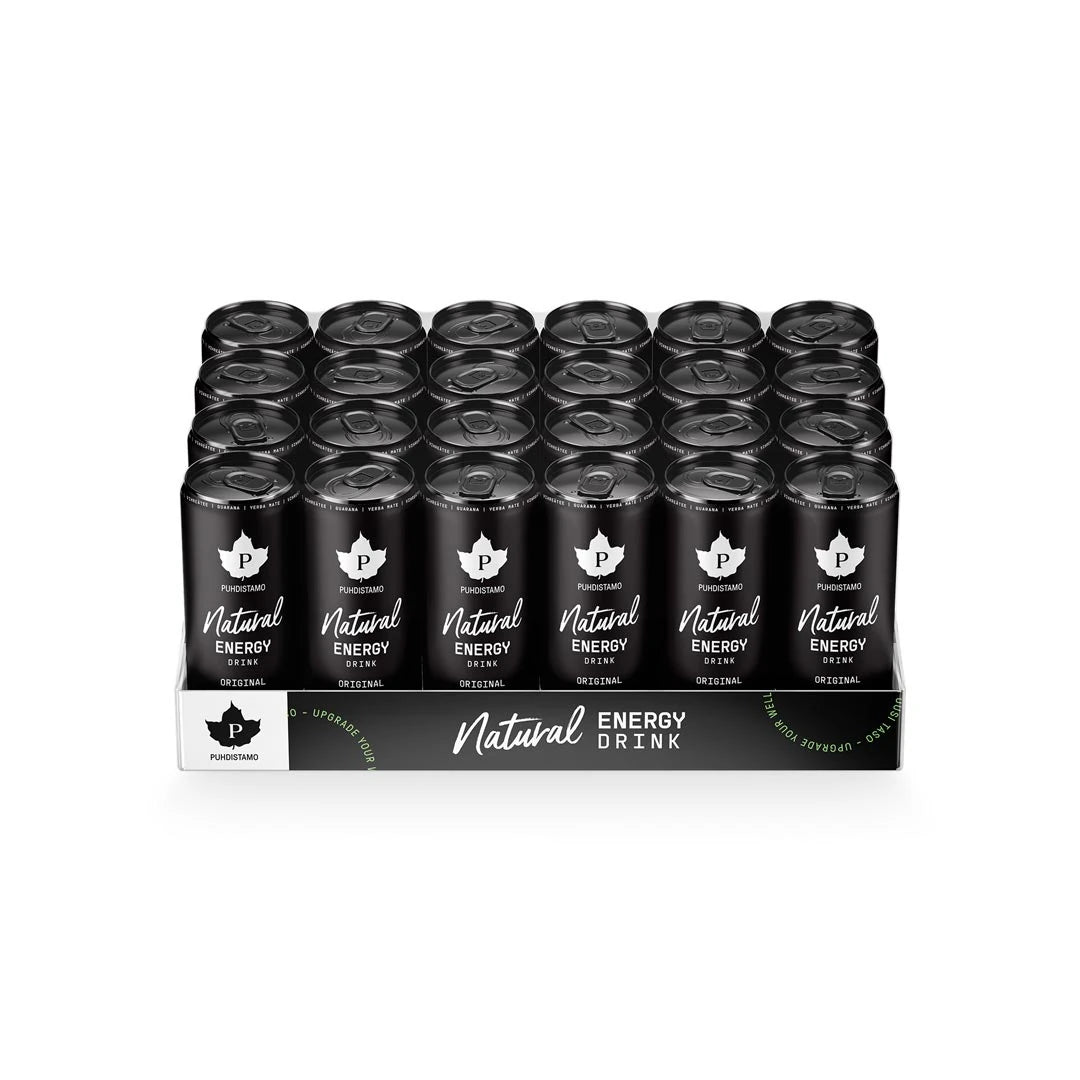 24 x Puhdistamo Natural Energy Drink 330 ml Original lavalla, jossa on mustia tölkkejä valkoisilla yksityiskohdilla.