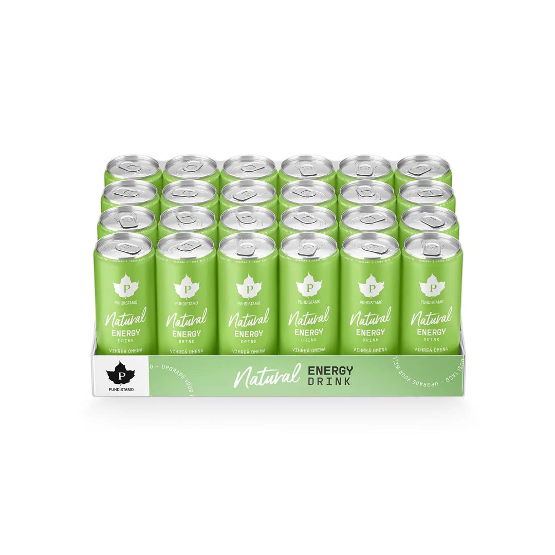 24 x Puhdistamo Natural Energy Drink 330 ml Vihreä Omena lavalla, jossa on vaaleanvihreitä tölkkejä., kuva 1/1