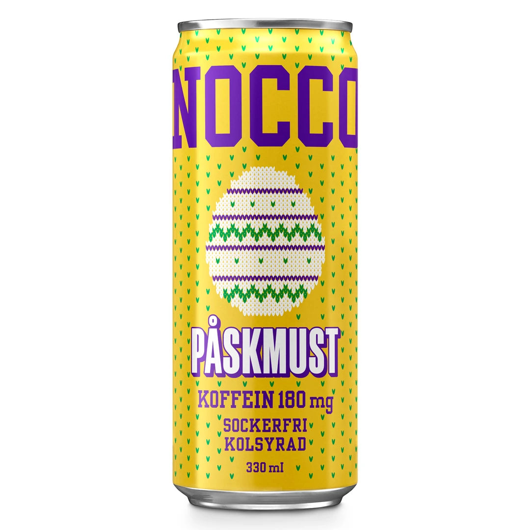 NOCCO FOCUS 330 ml energidryck i en gul burk med lila text och ett påskägg för smaken Påskmust.