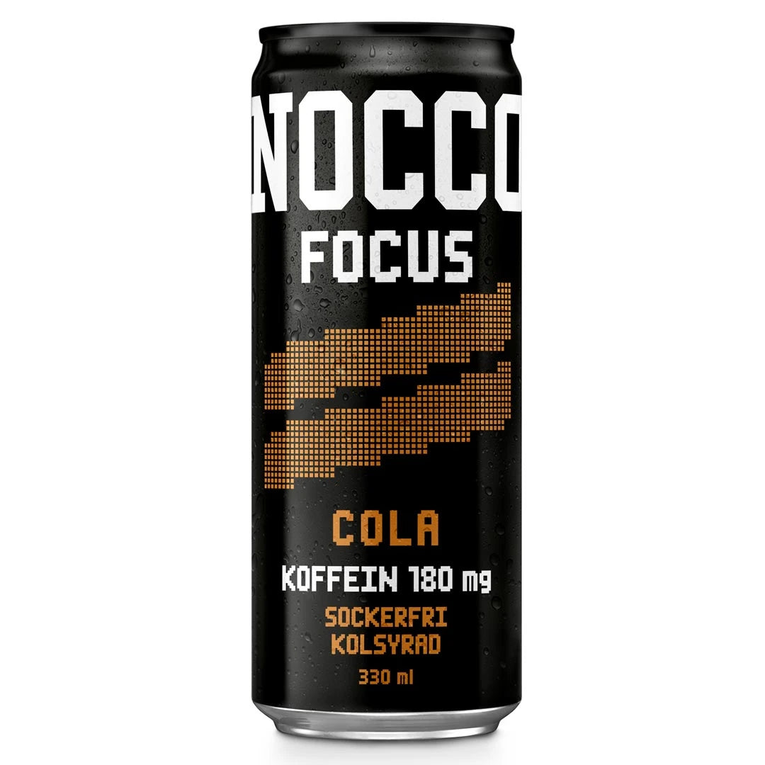 NOCCO FOCUS 330 ml energidryck i en svart burk med bruna detaljer, kolsyrad och sockerfri med colasmak.