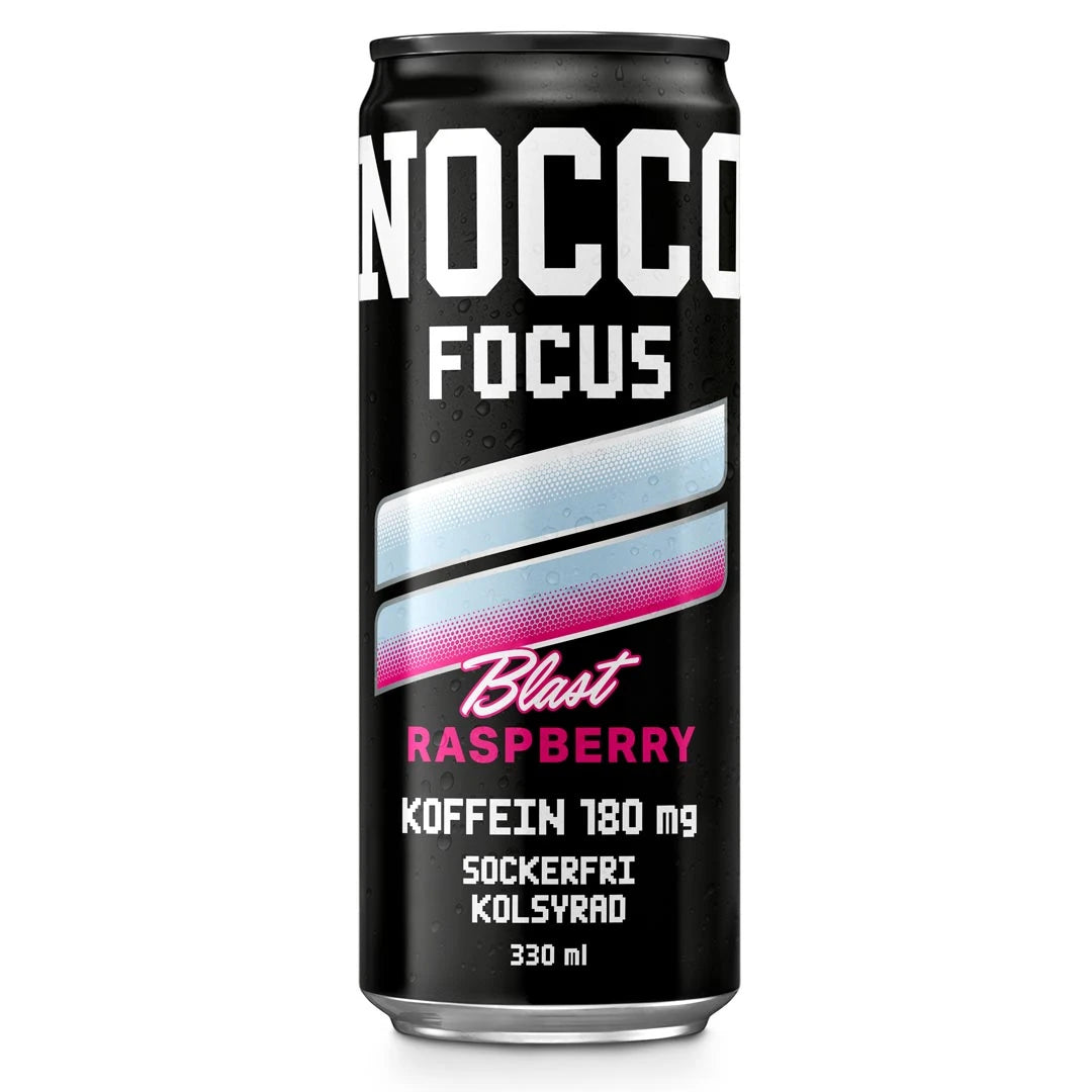NOCCO FOCUS 330 ml energidryck i en svart burk med rosa och blå detaljer för smaken Raspberry Blast.