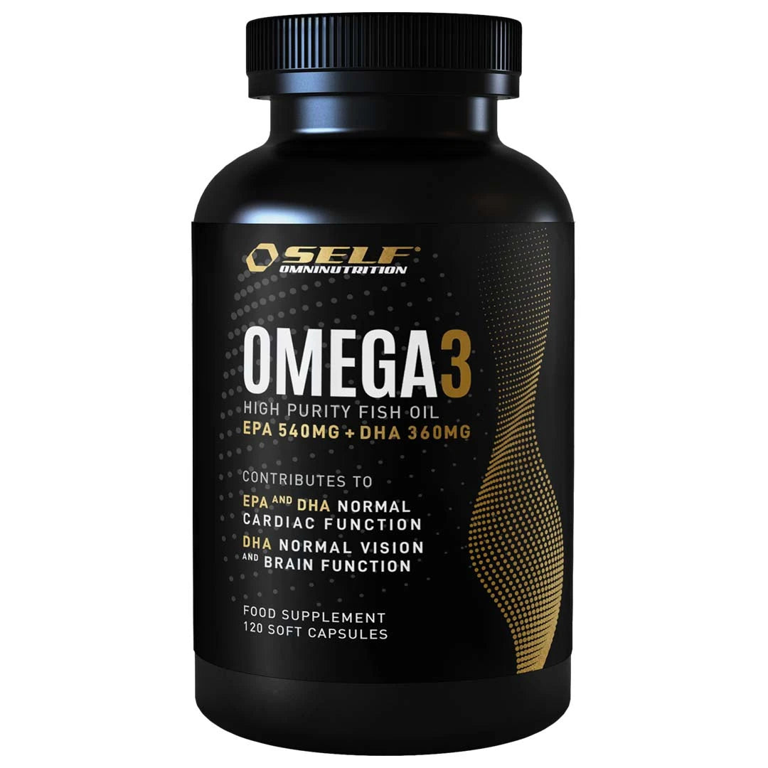 Self Omninutrition Omega-3 Fish Oil 120 caps mustassa purkissa kultaisilla ja valkoisilla yksityiskohdilla.