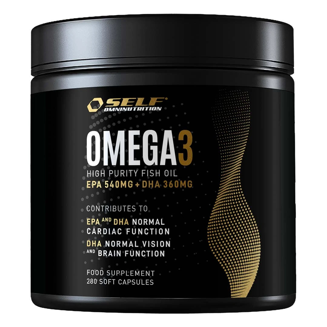 Self Omninutrition Omega-3 Fish Oil 280 caps mustassa purkissa kultaisilla yksityiskohdilla., kuva 1/1