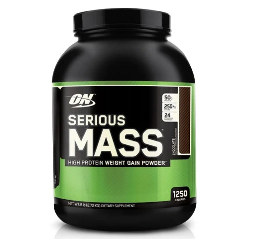 Musta purkki vihreällä etiketillä, joka sisältää suklaanmakuista Optimum Nutrition Serious Mass 2.72 kg -gaineria.