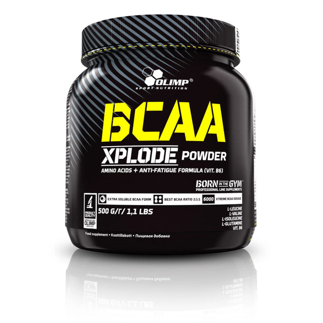 Olimp BCAA Xplode 500 g -aminohappojauhe mustassa purkissa, jossa on keltaisia yksityiskohtia.
