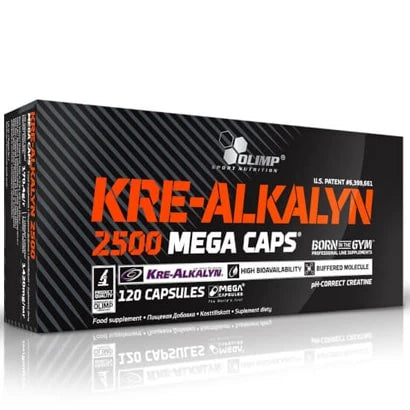 Musta pakkaus oranssilla tekstillä Olimp Kre-Alkalyn Mega 120 caps -tuotteelle, puskuroitua kreatiinia kapselimuodossa.