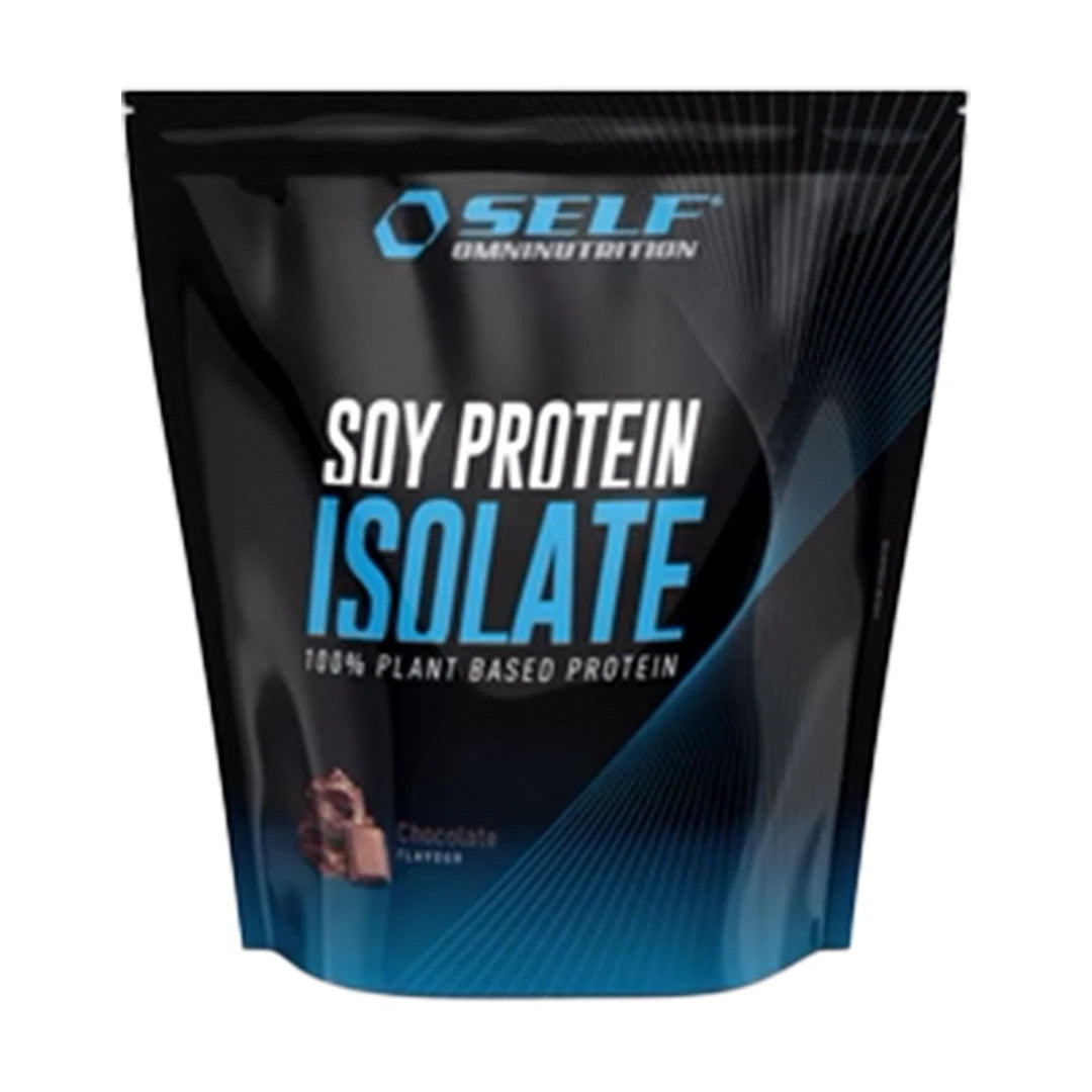Self Omninutrition Soy Protein 1 kg -proteiinijauhe mustassa pussissa sinisillä yksityiskohdilla, makuna Chocolate.