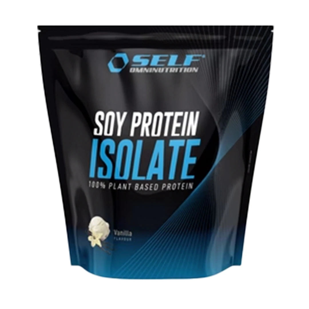 Self Omninutrition Soy Protein 1 kg -proteiinijauhe musta-sinisessä pussissa, makuna Vanilla.