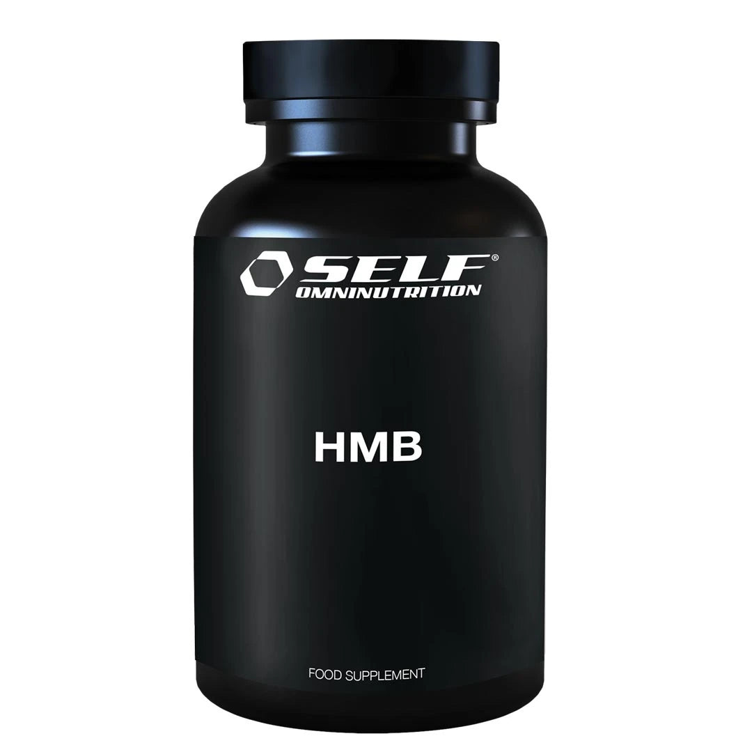 Self Omninutrition HMB pure Grade 1g, aminohappoja kapselimuodossa, pakattuna mustaan purkkiin valkoisilla tekstiyksityiskohdilla.