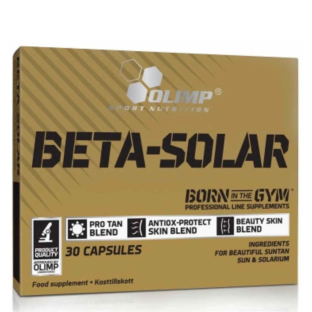 Olimp Beta Solar 30 caps -ravintolisä kullanvärisessä rasiassa, jossa on mustaa tekstiä ja valkoisia yksityiskohtia.