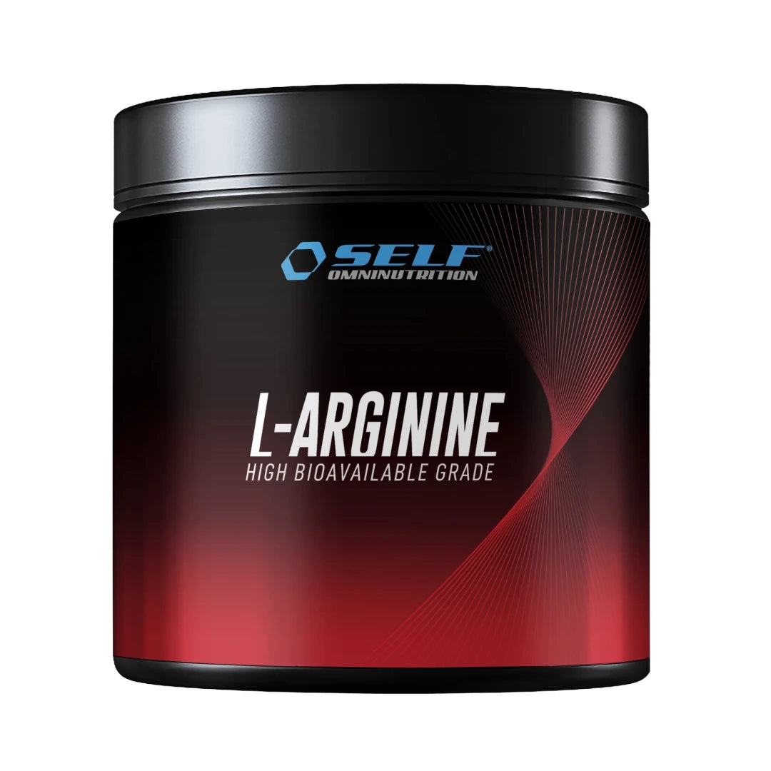 Musta purkki punaisilla yksityiskohdilla, joka sisältää Self Omninutrition Arginine 200 g puhdasta L-arginiinia jauhemuodossa.